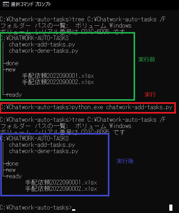 コマンドプロンプト実行前後の結果画像